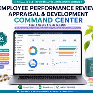 Può includere: Uno schermo di un portatile mostra una dashboard per la valutazione delle prestazioni dei dipendenti per Excel e Google Sheets. L'interfaccia presenta grafici, metriche e moduli HR. Il testo include 'THE ALL-IN-ONE HR PERFORMANCE MANAGEMENT SOLUTION' e 'Empower Develop Succeed' su una tazza.