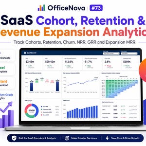 Op de afbeelding: Een laptop met een SaaS-dashboard voor cohort-, retentie- en omzetanalyses met grafieken en financiële statistieken. Het scherm toont gegevens over MRR, churn en omzetretentie. Inclusief iconen voor werkbladen en sjablonen voor Excel.