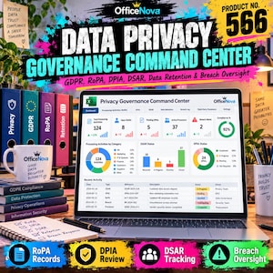 May include: A laptop displaying a Data Privacy Governance Command Center dashboard with charts and tables. Beside it are colorful binders labeled Privacy, GDPR, RoPA, and Retention, a white mug with OfficeNova branding, and a notepad.