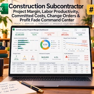 May include: A laptop screen displaying a Construction Subcontractor Project Margin, Labor Productivity, Committed Costs, Change Orders & Profit Fade Command Center dashboard with various charts, tables, and financial data metrics.