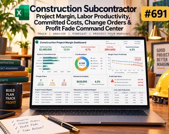 Construction Subcontractor Project Margin Excel Template | Labor Productivity, Change Orders, Profit Fade Dashboard