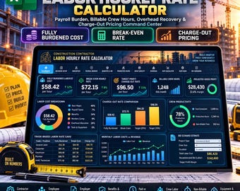 Construction Contractor Labor Rate Calculator Excel Template | Payroll Burden, Overhead Recovery, Break-Even & Charge-Out Pricing