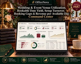 Wedding & Event Venue Utilization Excel Template | Booking Calendar, Date Yield, Booking Gaps, Revenue Dashboard