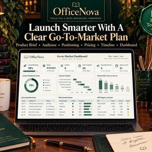 May include: A laptop screen displaying an OfficeNova Go-to-Market Dashboard Excel template with charts, KPIs, and project timelines. The screen shows text including Launch Smarter With A Clear Go-To-Market Plan, Product Brief, Audience, Positioning, Pricing, Timeline, and Dashboard.