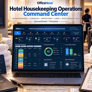 May include: A laptop displaying the OfficeNova Hotel Housekeeping Operations Command Center spreadsheet template, featuring a dark blue dashboard with room status, turnover, inspections, linen, and staff productivity metrics, alongside a physical checklist.