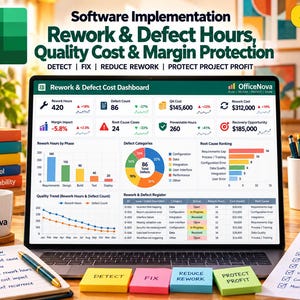 May include: A laptop screen displays an OfficeNova Rework & Defect Cost Dashboard with charts, metrics, and a register. Surrounding items include a stack of books, a mug, a pen, and sticky notes labeled Detect, Fix, Reduce Rework, and Protect Profit.