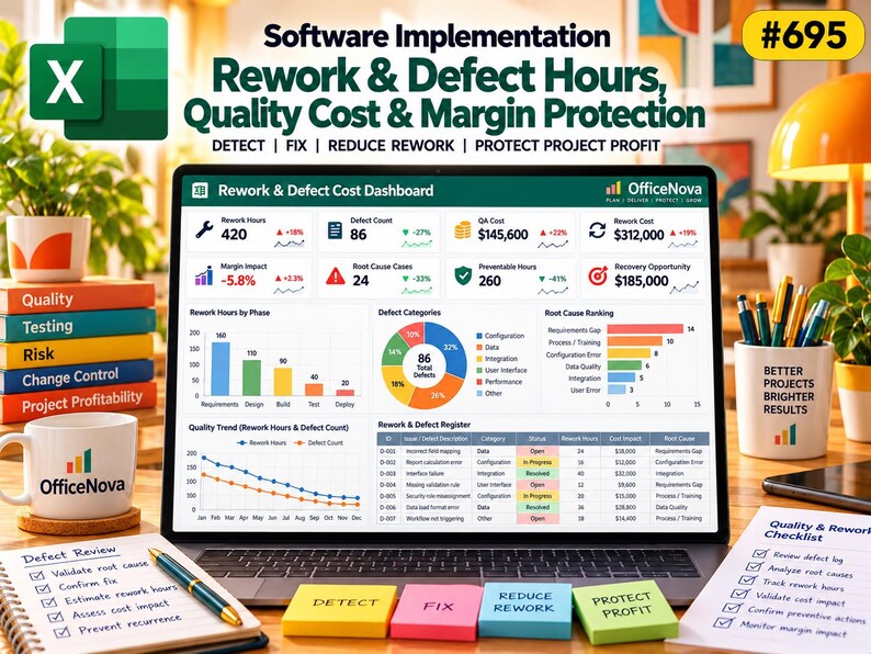 May include: A laptop screen displays an OfficeNova Rework & Defect Cost Dashboard with charts, metrics, and a register. Surrounding items include a stack of books, a mug, a pen, and sticky notes labeled Detect, Fix, Reduce Rework, and Protect Profit.