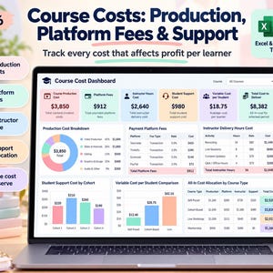 May include: A laptop displaying a Course Cost Dashboard with financial data, including production costs, platform fees, and student support metrics. The screen features charts, tables, and text titled Course Costs: Production, Platform Fees & Support.
