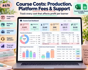 May include: A laptop displaying a Course Cost Dashboard with financial data, including production costs, platform fees, and student support metrics. The screen features charts, tables, and text titled Course Costs: Production, Platform Fees & Support.