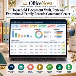 May include: A laptop displaying the OfficeNova Household Document Command Center spreadsheet template. The screen shows charts, document categories, and family records. Surrounding items include binders, a notebook, a mug, and a keychain.