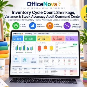 May include: A laptop screen displaying an OfficeNova Inventory Audit Command Centre dashboard with data tables, bar charts, and trend lines. The interface includes metrics for total SKUs, stock accuracy, variance, and shrinkage, all fully editable in Excel.