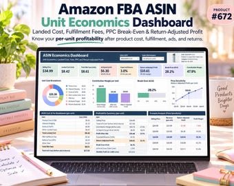 May include: A laptop screen displaying an Amazon FBA ASIN Unit Economics Dashboard with data tables, charts, and financial metrics including selling price, fulfillment fees, and profit margins. The text reads Amazon FBA ASIN Unit Economics Dashboard.