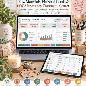 May include: A digital spreadsheet template for handmade business inventory and COGS tracking displayed on a laptop and tablet screen. The interface shows charts, profit margins, and raw material inventory lists with text labels for business management.