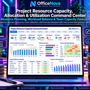 May include: A laptop screen displays the OfficeNova Project Resource Capacity, Allocation & Utilization Command Center dashboard. The interface features data tables, bar charts, and a heatmap for tracking team capacity, workload, and resource demand.