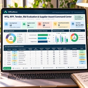 May include: A laptop screen displaying the OfficeNova RFQ, RFP, Tender, Bid Evaluation & Supplier Award Command Center dashboard. The interface features data tables, bar charts, and pie charts summarizing sourcing events, supplier status, and scores.
