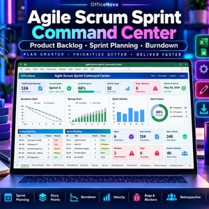 Op de afbeelding: Een laptopscherm met het Agile Scrum Sprint Command Center dashboard, voorzien van gegevenstabellen voor product- en sprintbacklogs, burndown- en burnup-grafieken, sprintsnelheid en statusstatistieken voor projectbeheer.