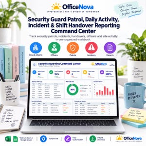 May include: A laptop displaying the OfficeNova Security Guard Patrol, Daily Activity, Incident & Shift Handover Reporting Command Center dashboard. The screen shows data tables, charts, and metrics for security operations, including active posts, patrol completion, incidents, and shift handovers.