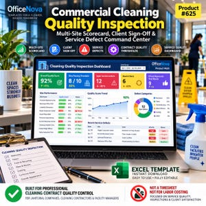 May include: A digital dashboard on a laptop screen titled Cleaning Quality Inspection Dashboard, displaying performance metrics, quality score trends, and service defect data for commercial cleaning management.