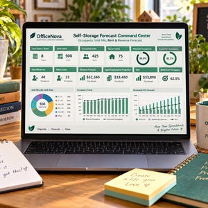 May include: A laptop displaying the OfficeNova Self-Storage Forecast Command Center dashboard with data metrics, occupancy trends, and revenue forecasts. The screen shows charts, unit counts, and financial projections in a green and white interface.