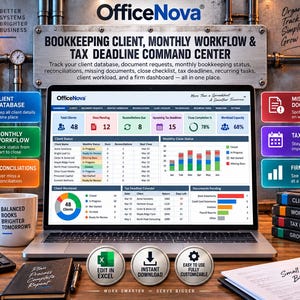 Może przedstawiać: Laptop wyświetlający pulpit nawigacyjny OfficeNova do obsługi klientów, miesięcznego przepływu pracy i terminów podatkowych. Ekran zawiera wykresy, tabele statusu klientów i listy zadań. Trzy okrągłe ikony wskazują na kompatybilność z programem Excel, natychmiastowe pobieranie i pełną możliwość dostosowania.