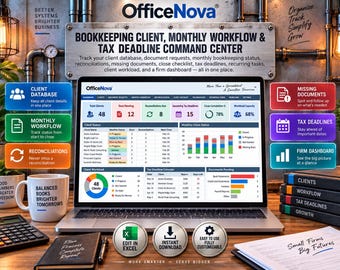 May include: A laptop displaying the OfficeNova bookkeeping client, monthly workflow, and tax deadline command center dashboard. The screen shows various charts, client status tables, and task lists. Three circular icons indicate Excel compatibility, instant download, and full customizability.