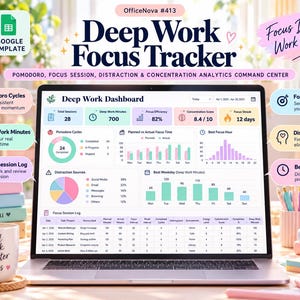 Deep Work Focus Tracker Spreadsheet, Pomodoro Planner, Distraction Analytics (Digital Download)
