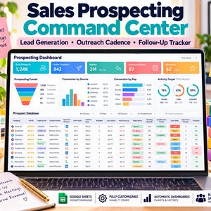 May include: A laptop displaying a Sales Prospecting Command Center dashboard with lead generation, outreach, and follow-up tracking data. The screen shows charts, a prospect database, and metrics. Sticky notes with text and a notebook are nearby.
