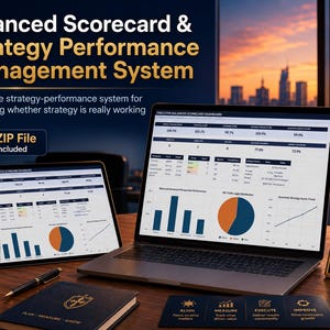 May include: A digital dashboard display showing a Balanced Scorecard & Strategy Performance Management System on a laptop and tablet. The screen features data tables, bar charts, and pie charts. A mug, notebook, and sign are on the desk.