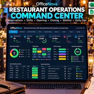 Könnte beinhalten: Ein Laptop-Bildschirm mit dem OfficeNova Restaurant Operations Command Center Dashboard. Die Benutzeroberfläche zeigt Daten-Widgets für Reservierungen, Tischstatus, Schichtplanung und Checklisten-Compliance mit Textbeschriftungen für Restaurantaufgaben.