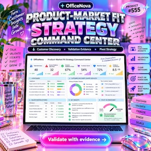 May include: A laptop screen displays the OfficeNova Product-Market Fit Strategy Command Center dashboard with data metrics, charts, and text. Surrounding items include a mug with text, a notepad with a checklist, and stacked colorful blocks.