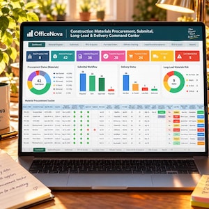 May include: A laptop displaying the OfficeNova Construction Materials Procurement, Submittal, Long-Lead & Delivery Command Center dashboard. The screen shows various charts, metrics, and a material procurement tracker table with colorful status indicators.