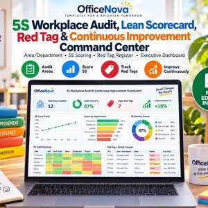Op de afbeelding: Een laptop met een 5S-werkplekaudit en Lean-scorecard-dashboard met grafieken, een heatmap en een rode-tag-tracker. Het scherm toont OfficeNova-branding en het bestand is volledig bewerkbaar in Excel.