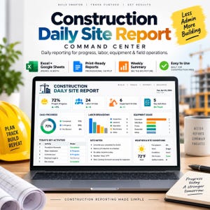 Puede incluir: Un portátil muestra un panel de control de informes diarios de obra con datos de progreso, mano de obra y equipos. La pantalla presenta gráficos y listas de actividades. Un casco amarillo y planos enrollados se encuentran cerca.