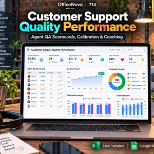 May include: A laptop screen displays a Customer Support Quality Performance dashboard with charts, metrics, and agent scorecards. The interface includes data on QA scores, evaluation trends, and coaching impact, with OfficeNova branding visible at the top.