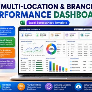 May include: A laptop screen displaying a Multi-Location & Branch Performance Dashboard Excel Spreadsheet Template. The interface features a performance overview, revenue and profit trends, a pie chart, a branch ranking table, and various KPI scorecards with data visualizations in blue, green, orange, and purple.