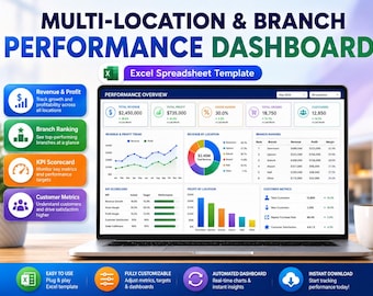 Multi-Location Branch Performance Dashboard Spreadsheet | Branch KPI Tracker, Revenue Profit Analysis and Regional Reporting