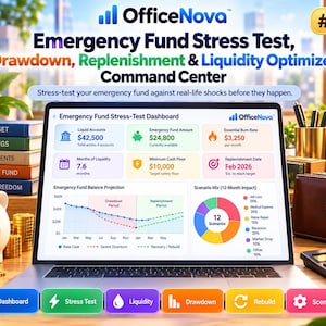 Puede incluir: Una pantalla de portátil muestra un panel de control de prueba de estrés de fondo de emergencia de OfficeNova, con métricas financieras, un gráfico de proyección de saldo y un gráfico circular de mezcla de escenarios. La interfaz incluye datos sobre cuentas líquidas.