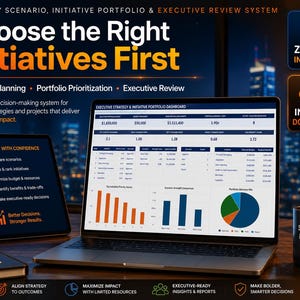 Pode incluir: Um painel digital exibido na tela de um laptop intitulado Executive Strategy & Initiative Portfolio Dashboard, apresentando dados financeiros, gráficos de barras e um gráfico de pizza. Um tablet mostra uma lista de passos e texto.