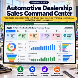 Op de afbeelding: Een computermonitor met het Automotive Dealership Sales Command Center dashboard van OfficeNova. Het scherm toont diverse grafieken, statistieken en datapunten voor het bijhouden van leads, proefritten, voertuigverkopen en commissies.