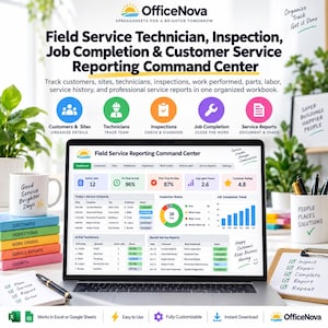 May include: A digital spreadsheet dashboard for field service management displayed on a laptop screen. The interface includes tabs for customers, sites, technicians, and inspections, with charts showing job completion trends and service schedules.