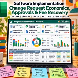 May include: A laptop screen displaying a Change Request Economics Dashboard by OfficeNova, featuring data charts, project status tables, and financial metrics. Four sticky notes with project tasks and dollar amounts are placed in front of the laptop.