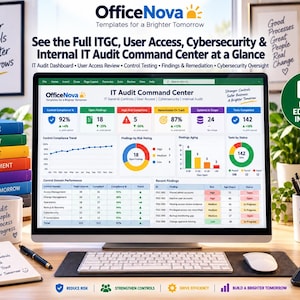 May include: A computer monitor displays an OfficeNova IT Audit Command Center dashboard in Excel. The screen shows various data charts, metrics, and tables. Surrounding items include a stack of colorful books, a mug, a notepad, and a smartphone.