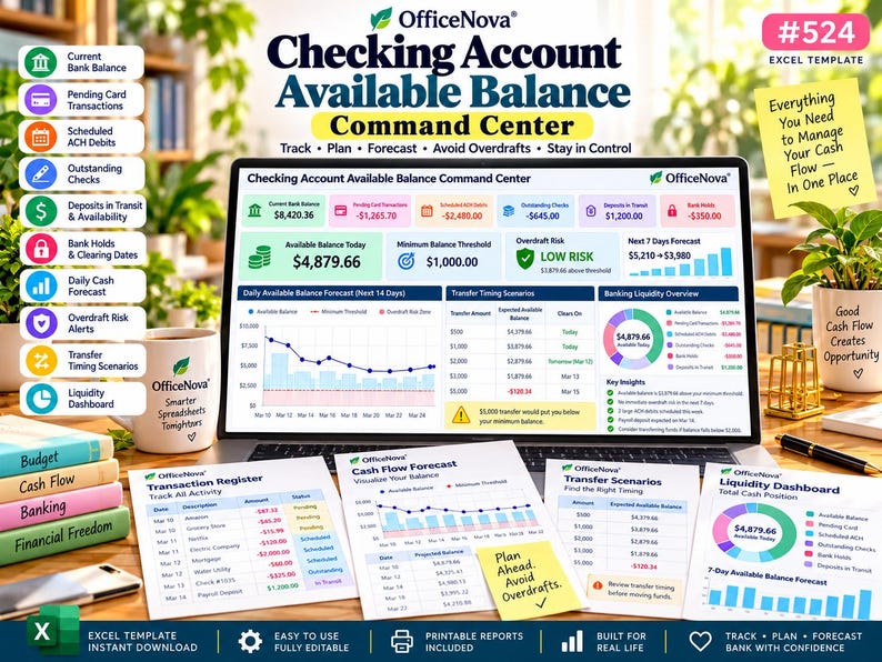 Checking Account Balance Tracker Excel, Pending Transactions, Overdraft ...
