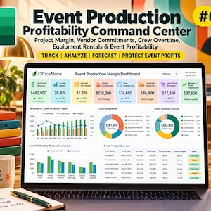 May include: A laptop screen displaying the Event Production Profitability Command Center dashboard, featuring financial metrics, cost breakdowns, and revenue charts for event management. The interface includes data on margins, vendor commitments, and crew overtime costs.