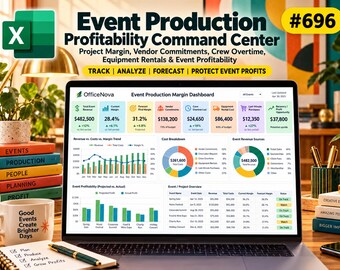 Event Production Profitability Excel Template | Project Margin, Vendor Costs, Crew Overtime & Event Budget Dashboard