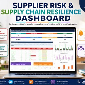 Pode incluir: Um modelo digital de Excel para um painel de risco de fornecedores e resiliência da cadeia de suprimentos. A tela exibe tabelas, gráficos e métricas de risco. Texto: 'SUPPLIER RISK & SUPPLY CHAIN RESILIENCE DASHBOARD' e 'OfficeNova'.