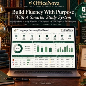 May include: A laptop screen displays an OfficeNova language learning dashboard with data visualisations, including progress bars, bar charts, and tables tracking study time, vocabulary, and skill proficiency for Spanish, French, and Japanese.