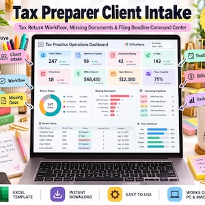 May include: A laptop screen displays a Tax Practice Operations Dashboard with metrics for clients, returns, and deadlines. The interface includes charts, tables, and status indicators for tax preparation workflow, missing documents, and billing.