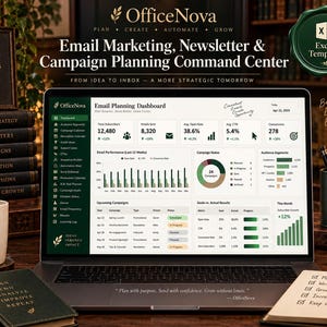 May include: A laptop displaying an OfficeNova email planning dashboard with data visualizations, charts, and campaign metrics. The screen shows subscriber counts, open rates, and conversion data alongside a sidebar menu for email marketing management.