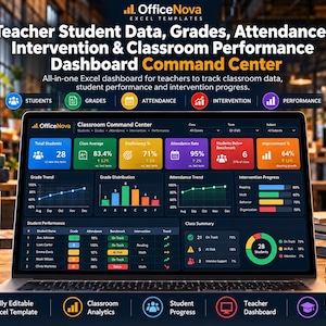 Può includere: Uno schermo di un portatile mostra la dashboard OfficeNova Excel per il monitoraggio di dati, voti, presenze e prestazioni degli studenti. L'interfaccia presenta grafici, diagrammi e tabelle colorati che analizzano le metriche scolastiche e le tendenze di frequenza in modalità scura.